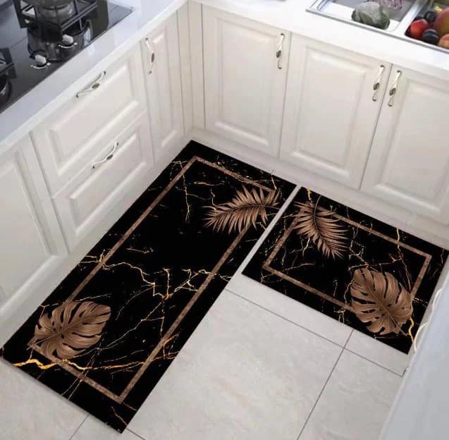 Set de 2 Covorase Antiderapante Bucatarie Negru-Auriu