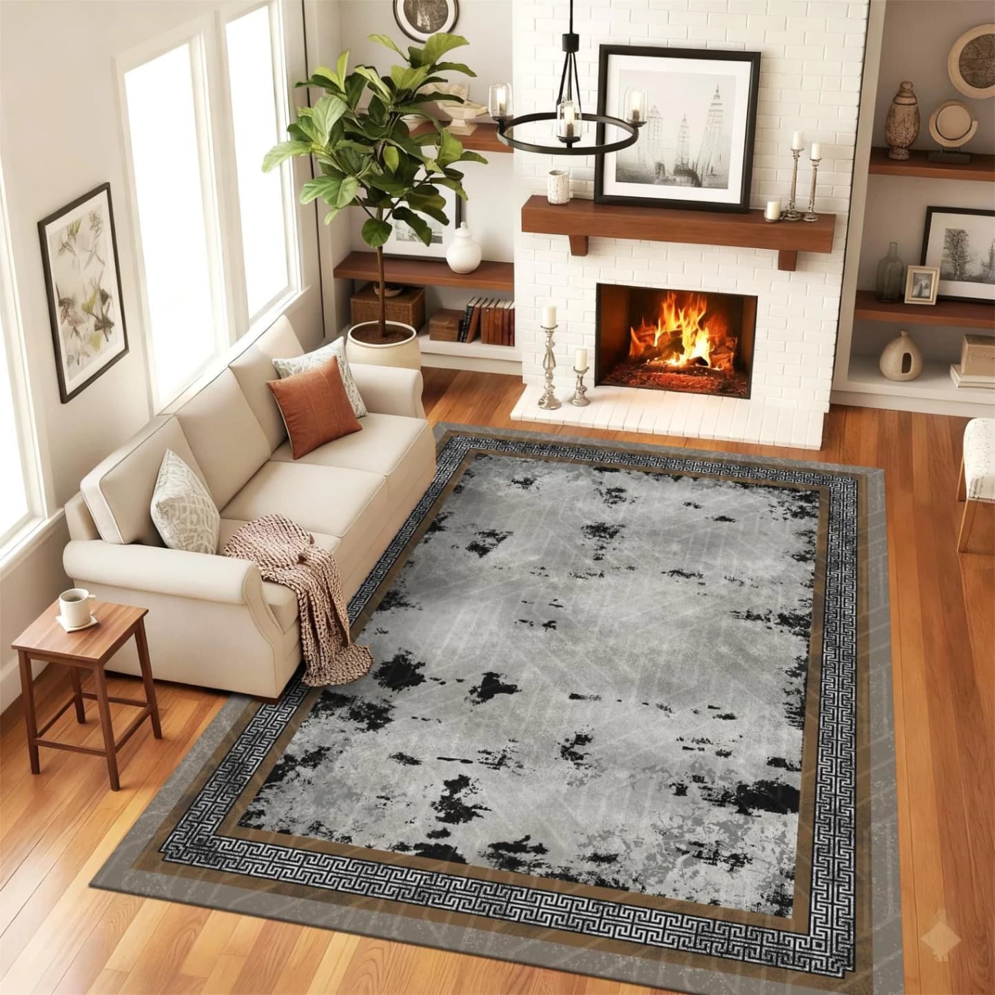 Fotografie produs: Covor modern cu model abstract Cu chenar auriu gros GRI 200X300 CM