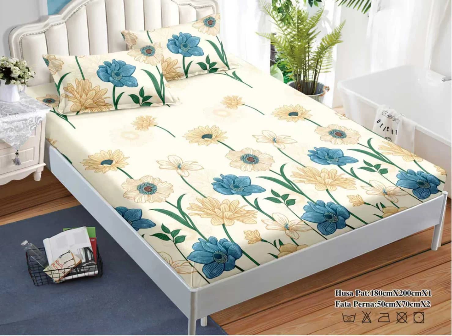 Fotografie produs: Set cearceaf cu elastic și 2 fețe de pernă cu imprimeuri moderne 180X200 CM, 50X75 CM Margarete