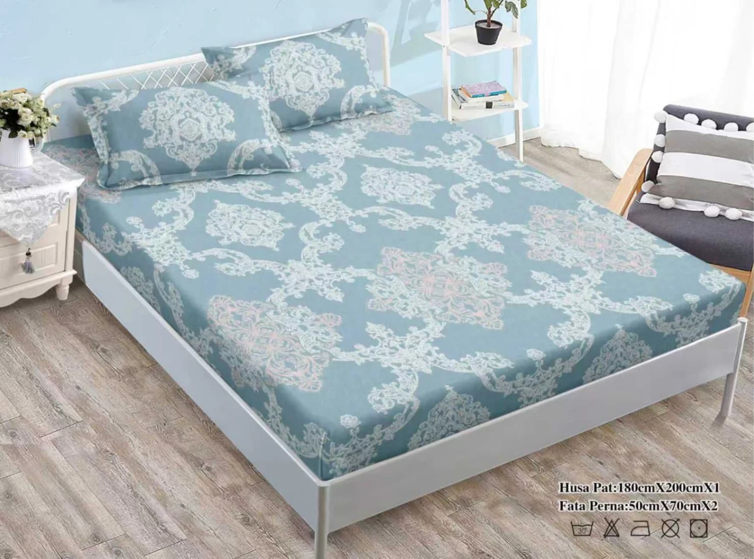 Fotografie produs: Set cearceaf cu elastic și 2 fețe de pernă cu imprimeuri moderne 180X200 CM, 50X75 CM Model albastru