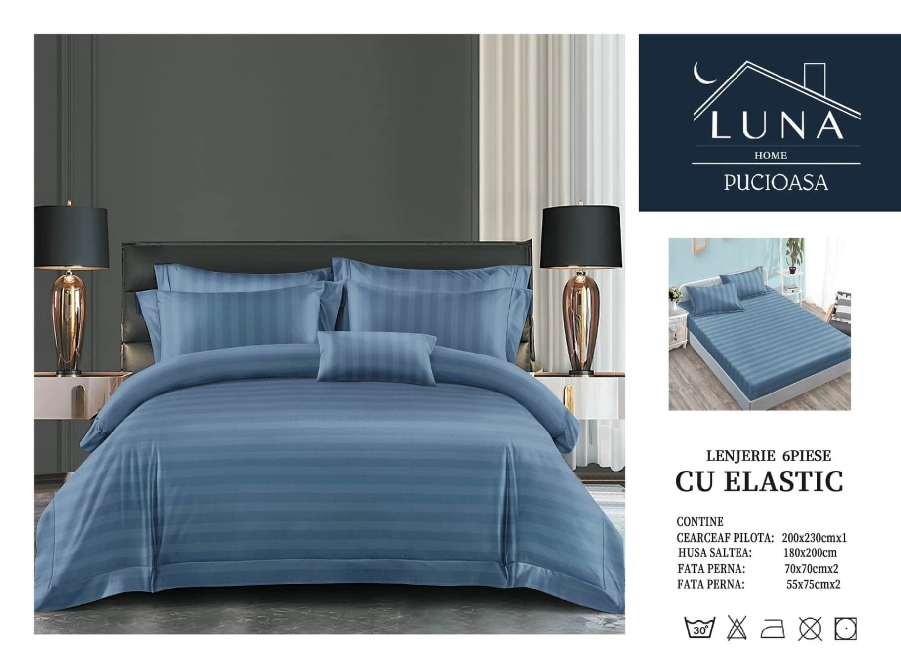 Fotografie produs: Lenjerie de pat din Damasc, pentru pat dublu, 6 piese 200X230 CM Albastru