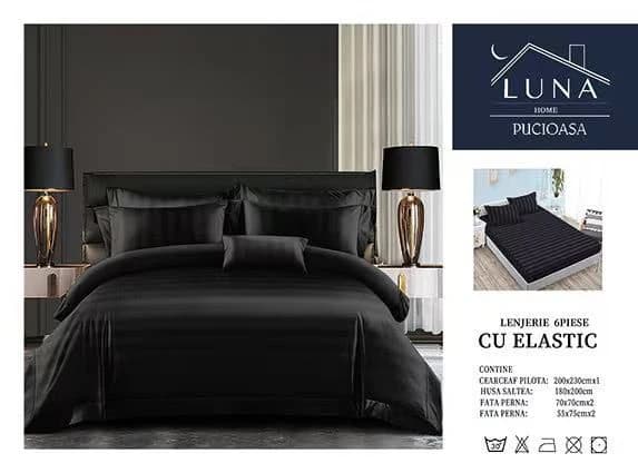 Fotografie produs: Lenjerie de pat din Damasc, pentru pat dublu, 6 piese 200X230 CM Negru