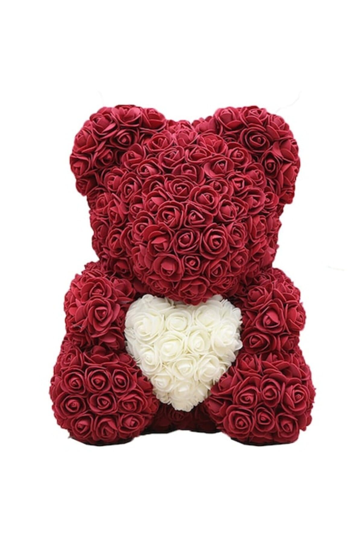 Ursulet de plus cu trandafiri de sapun in cutie, 40 cm rosu cu alb