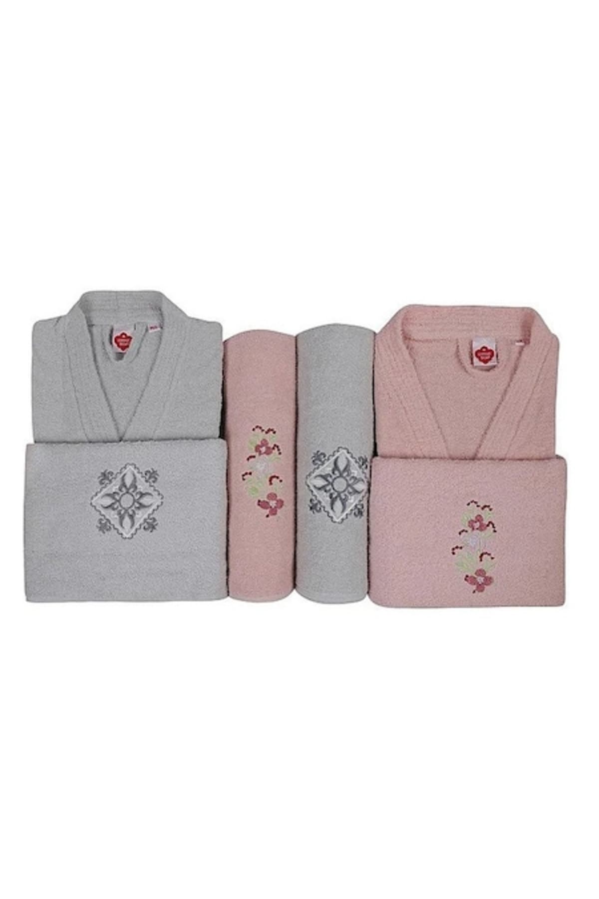 Fotografie produs: Set matrimonial 6 piese, 2 halate de baie ML-SM si 4 prosoape, bumbac, Cotton Box, Aile Gri/Roz Pudra